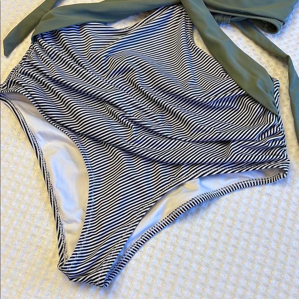 Medium Olive Sage Green Black White Striped Monokini One Piece Swimsuit - Picture 6 of 16